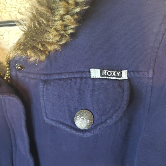ROXY Blue White Jacket Hoodie Fur Trim Zipper Winter Snap Buttons Size M - Picture 4 of 8